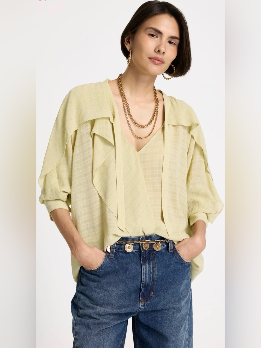 Le Lis Blanc a Premier Brazilian Brand Subtly Textured Pale Green Ruffled Blouse